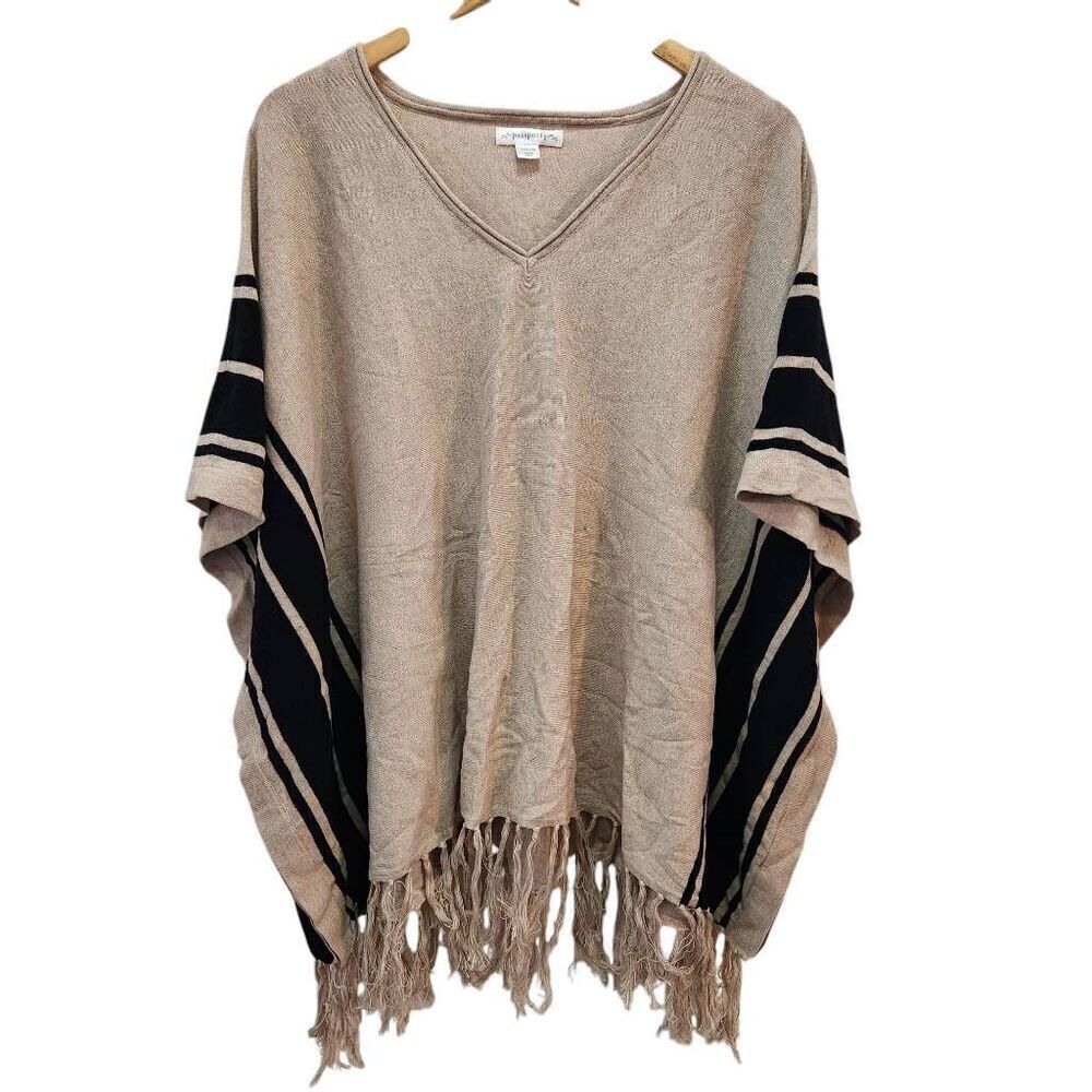 Passports shawl poncho top cotton tan black stripe‎ size Large 12-14